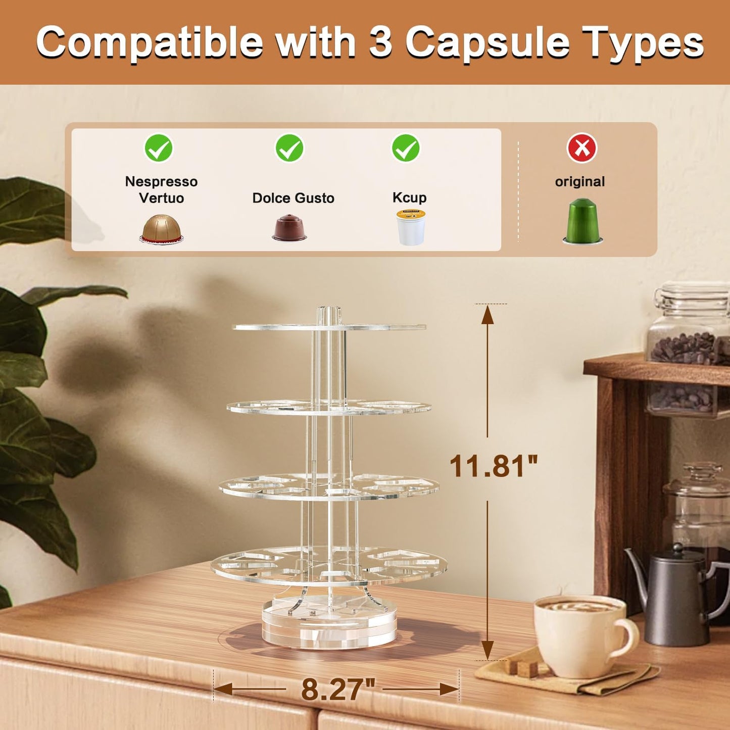 Coffee Pods Holder Acrylic Carousel Compatible with 30 Nespresso Vertuo Capsules And Keurig K-cup Pods, Space-Saving Coffee Pod Storage Organizer for Small Countertop