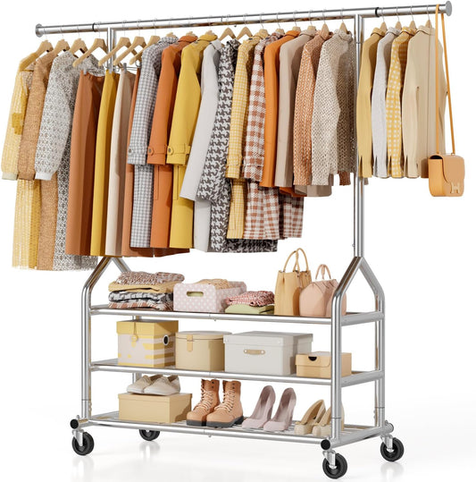 EAGMAK Heavy Duty Clothes Rack Load 688 LBS, Rolling Clothing Rack With 3 Shelves, Adjustable Metal Clothes Hanger with Wheels Portable Wardrobe Organizer Garment Rod for Hanging Clothes (Silver)