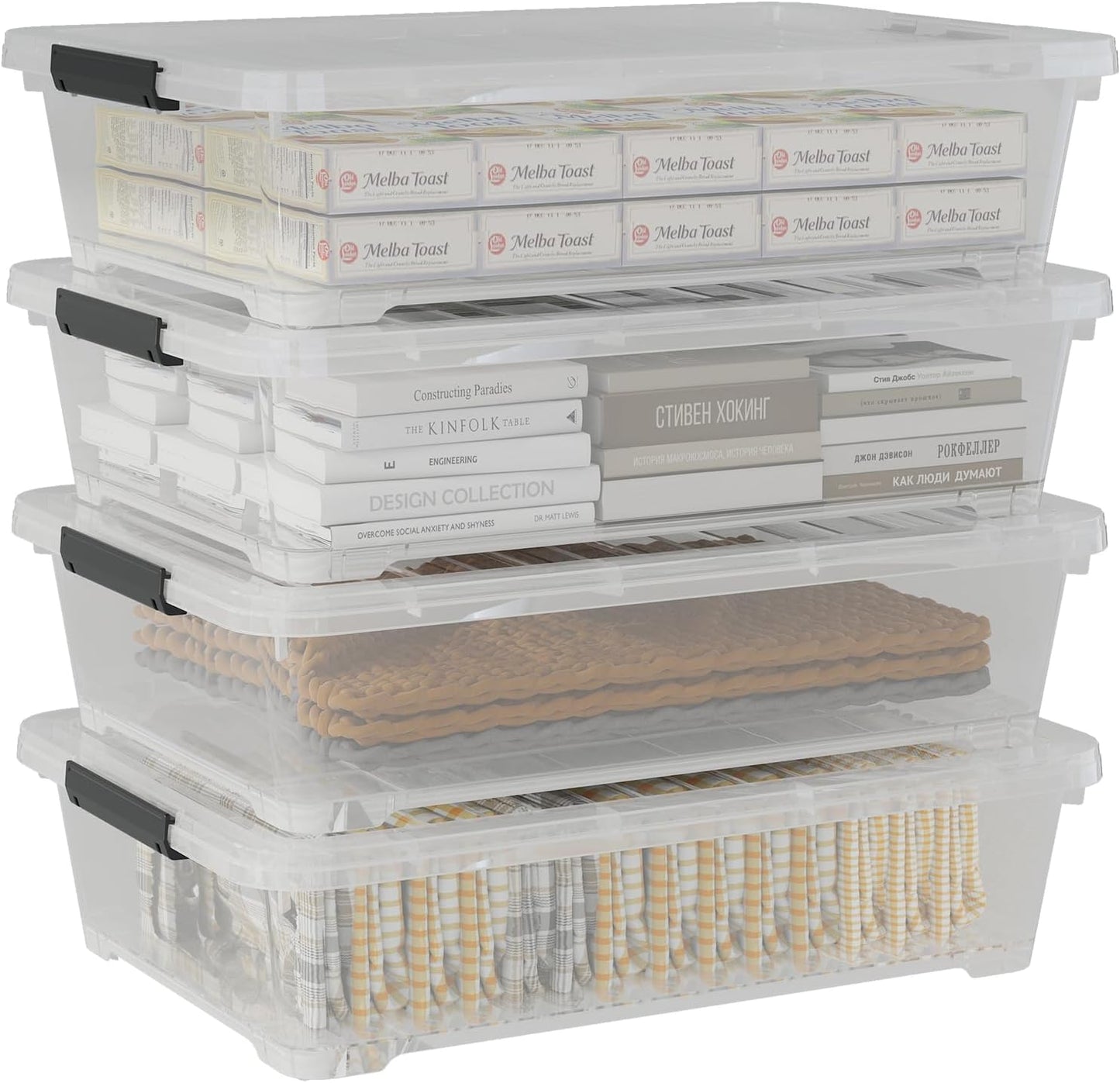 Saedy 4 Pack 40L Plastic Underbed Storage Container Box with Wheels, Clear