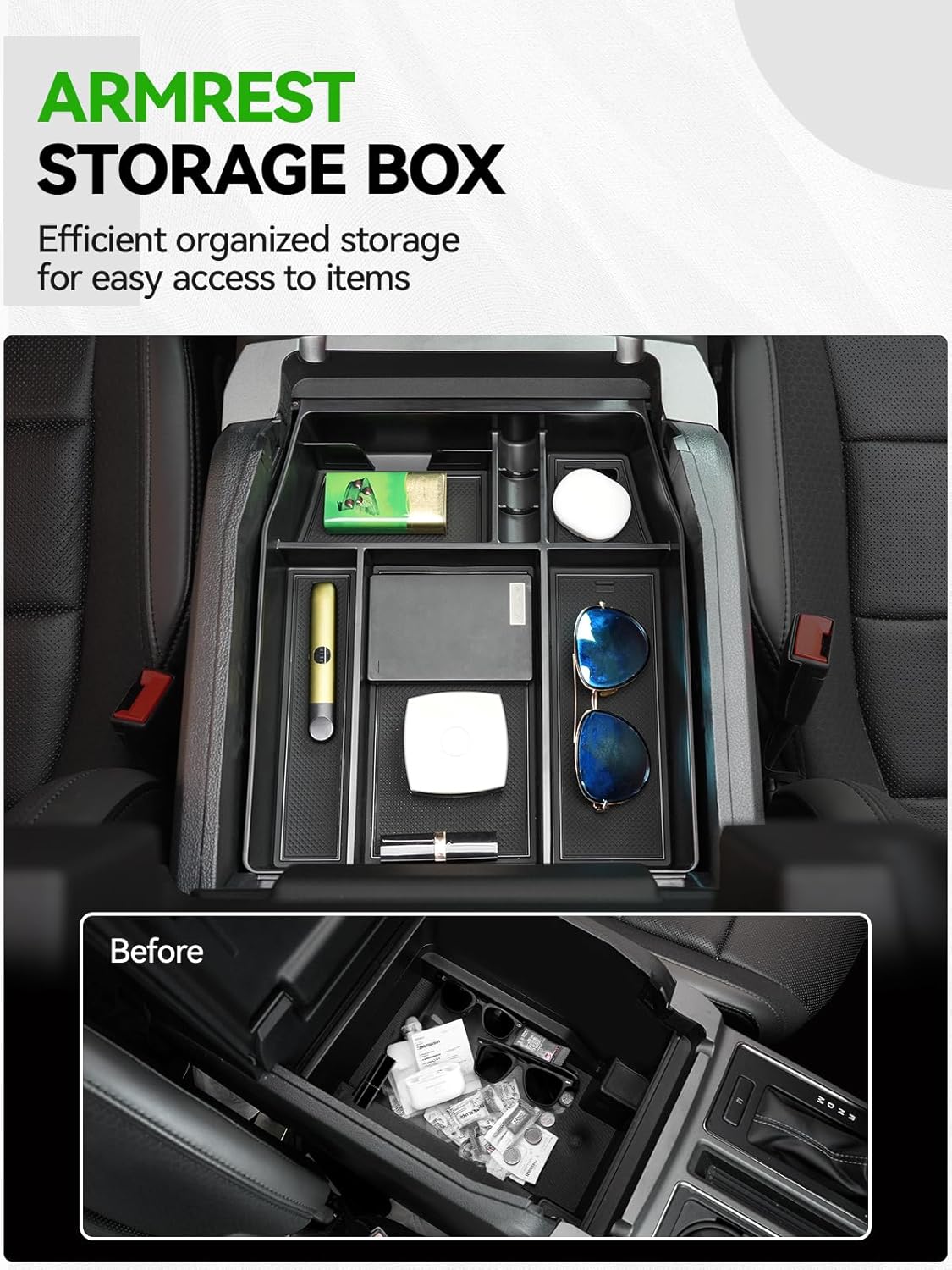 ELECFRESH 2PCS Center Console Organizer for 2024 2023 2022 2021 Ford F150 Accessories, Armrest Storage Box and 16-Compartments Divider for Ford F150