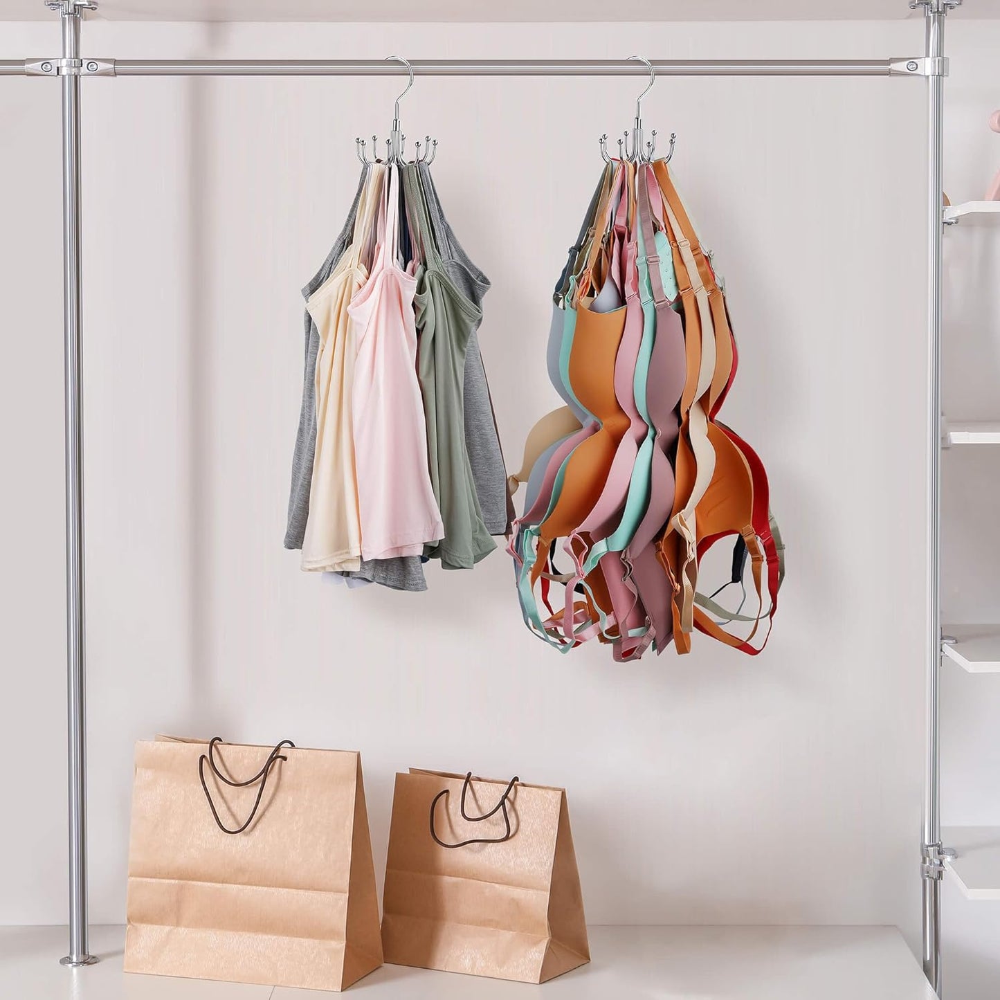 ZEDODIER Tank Top Hanger, 2 Pack Rotatable Bra Organzier for Closet, Max 48 Storage Capacity Sport Bras Holder, Metal Space Saving Closet Organizers and Storage, Silver
