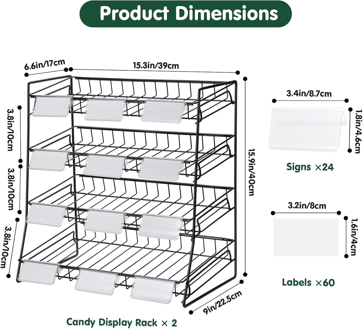 4-Tier Black Stackable Candy Display Rack, Snack Organizer For Countertop, Stores, Offices with 24 Signs and 60 Labels (Black-2 Pack)