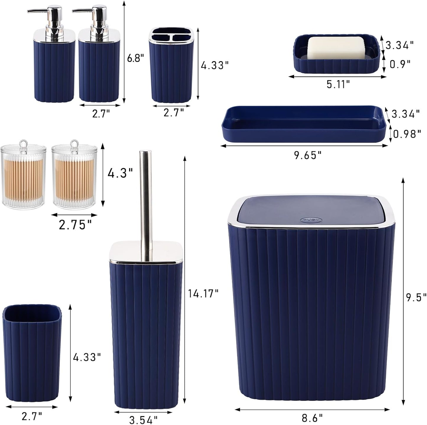 Navy Blue Bathroom Accessories Set - Gorgeous Bathroom Set, 10PC Bathroom Accessory Set, Toilet Brush, Trash Can, Qtip Holder Dispenser & Soap Dispenser
