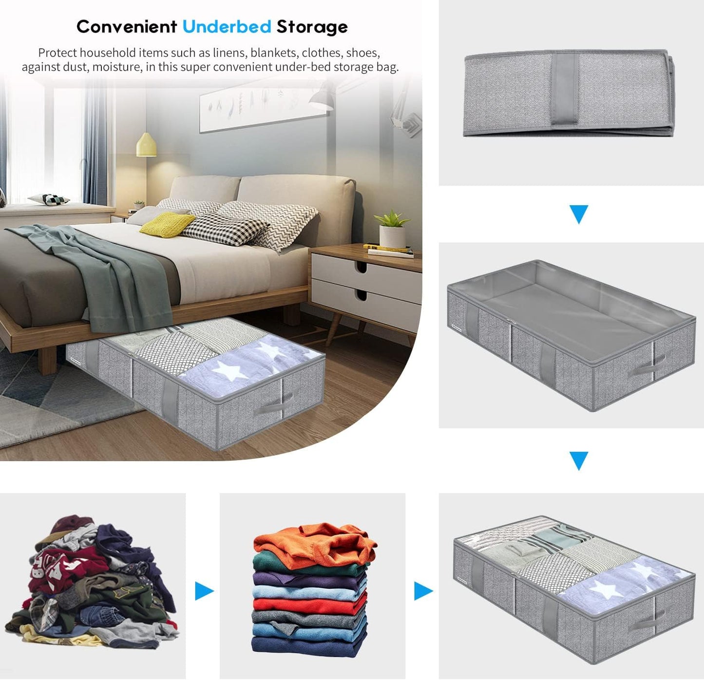 Onlyeasy Breathable Under Bed Storage Bags with 4 Reinforced Handles and Sturdy Side Wall, 2 Pack Eco-friendly Underbed Clothing Blankets Organizer with 2 Strong Zippers, Herringbone Grey, MXRUBBSS2P