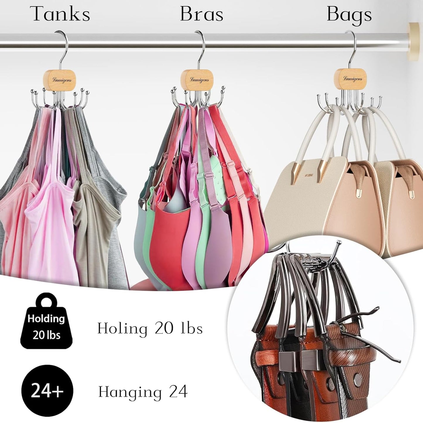 Belt Hanger, Belt Organizer for Closet,Rotatable Tie Rack,Belt Holder,Hanging Closet Organizer Hook for Belt, Bra, Tank Top, Tie, Scarf, Purse,3PCS,Natural