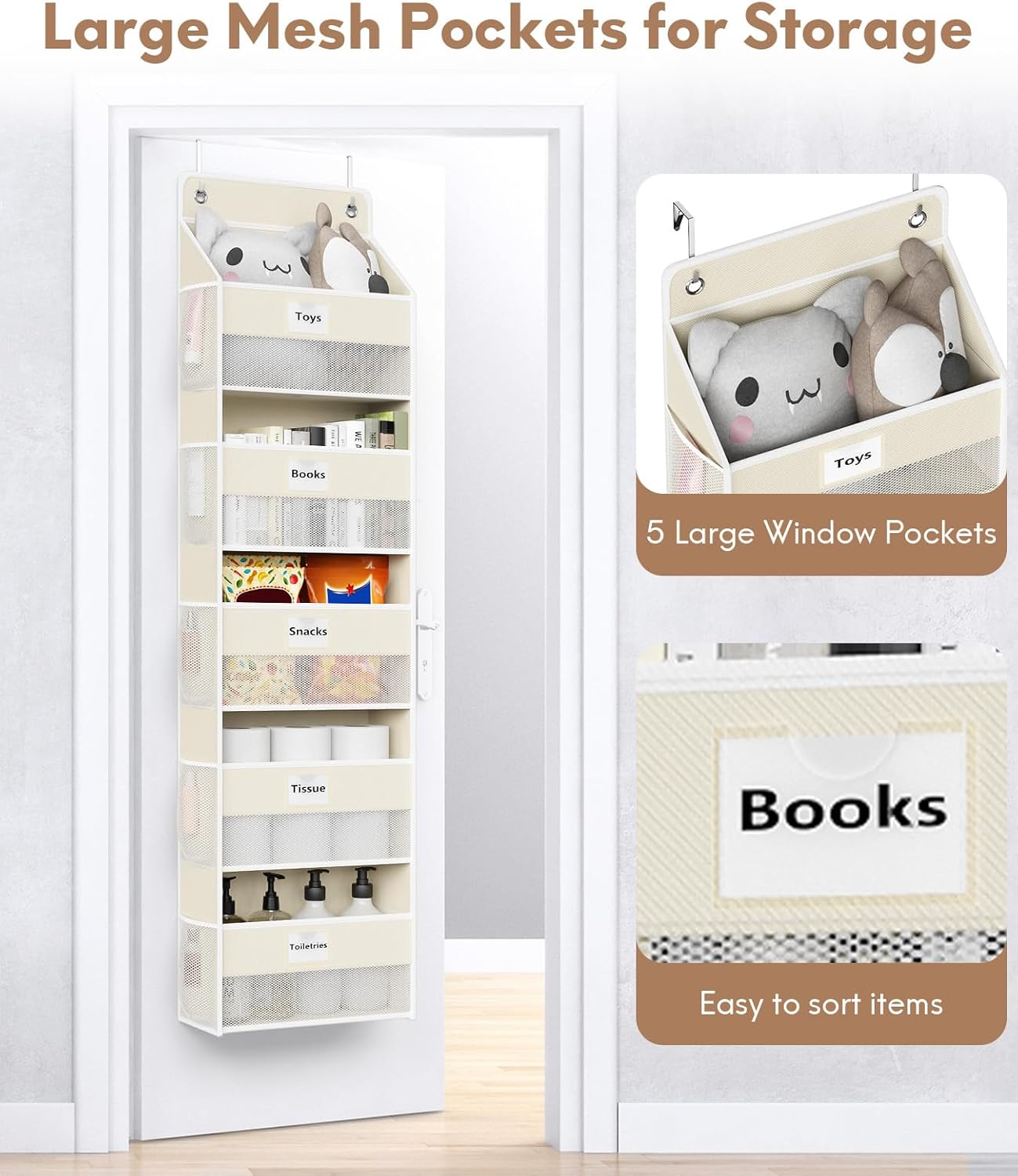 Over The Door Organizer Hanging, 5 Shelf Behind The Doors Storage, Pantry Door Organizer, Closet Organizers for Bedroom and Nursery (Beige)
