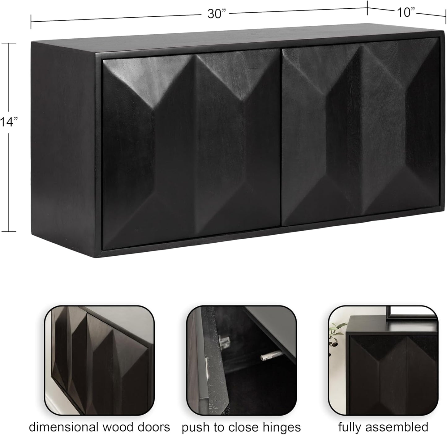Kate and Laurel Ranier Modern Wooden Two-Door Wall Cabinet, 30 x 10 x 14, Black, Decorative Storage Cabinet with Dimensional Face for Use as Floating Nightstand or Floating TV Shelf