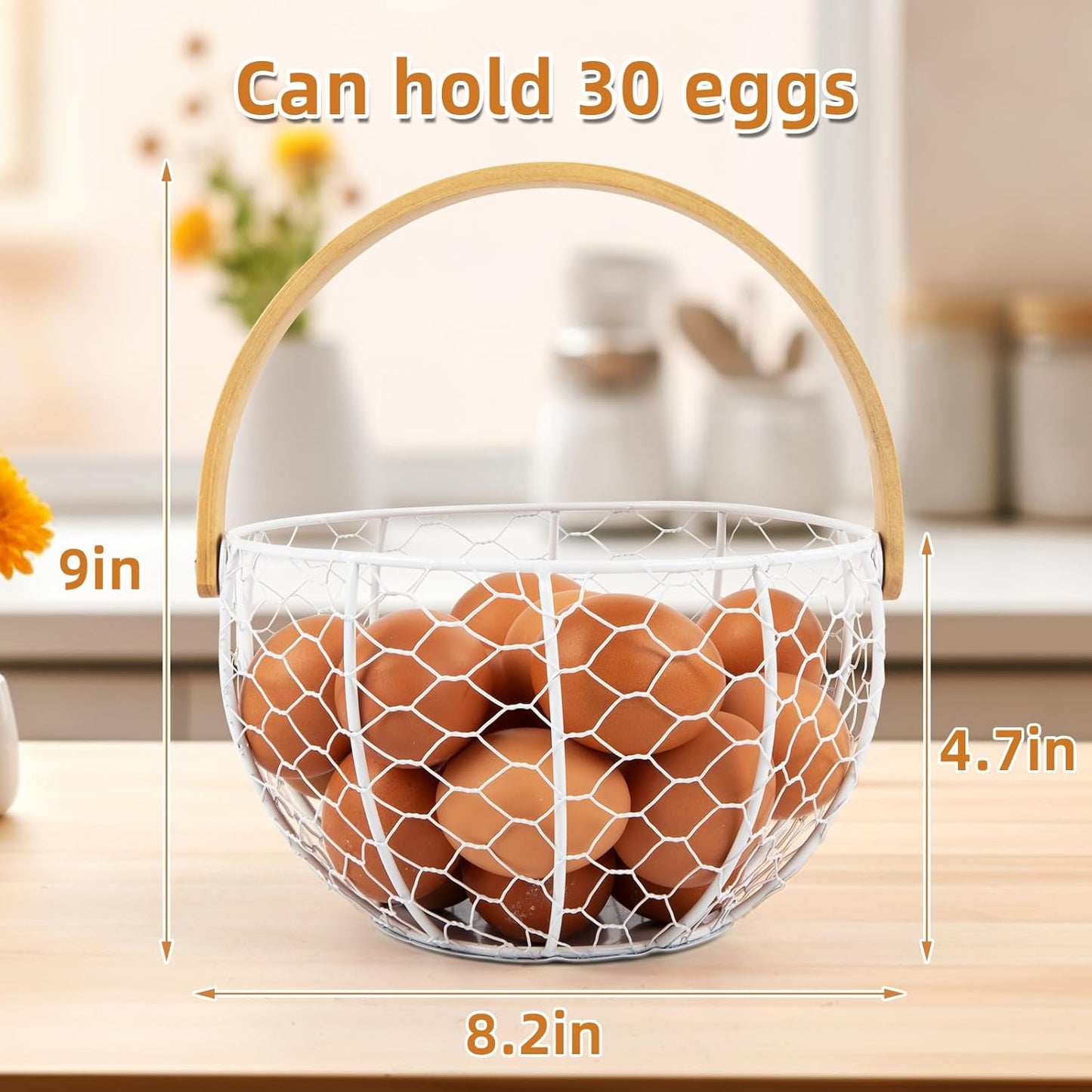 Farmhouse Wire Egg Basket for Gathering Fresh Eggs with Wooden Handle, Vintage Style Metal Egg Collecting Basket Countertop Storage Container Holder for Kitchen Decor and Fruit Bin (White)