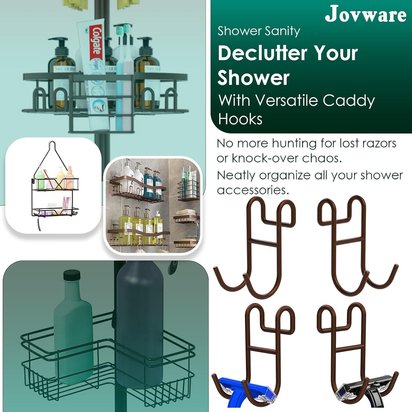 Bronze Shower Caddy - 4 Pack Open Shelf Hooks for Loofah, Razor, Shower Accessories