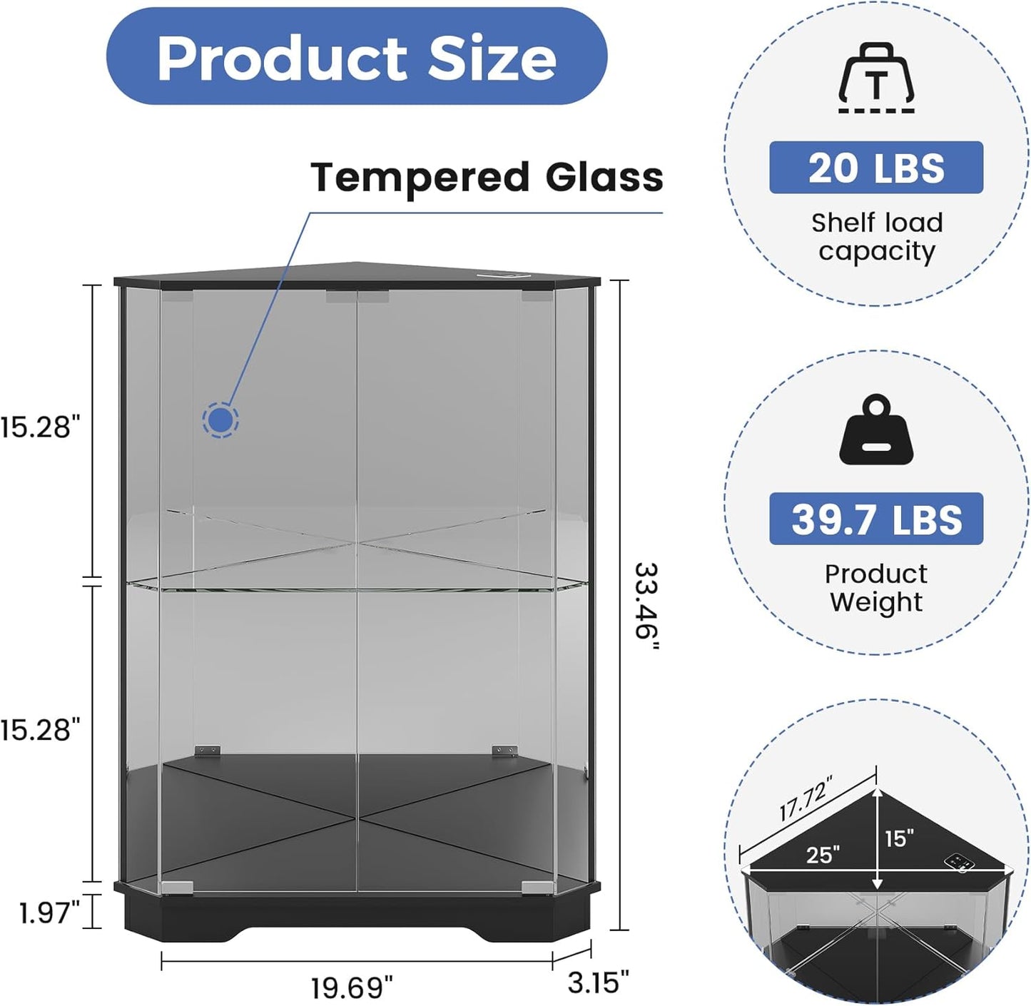 Corner Display Cabinet Set of 2 with Glass Doors, Small Display Case with 3-Color LED Lights and Charging Station, 2-Tier Curio Cabinet with Storage and Shelf, Black