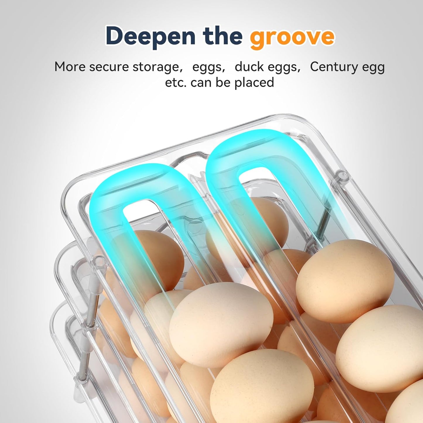 Refrigerator Egg Holder, Self-Rolling Refrigerator Egg Container, Clear Plastic Egg Dispenser, Stackable Egg Organizer with Quick Detachable Inner Tray for Tissue and Storage, 2-Pack