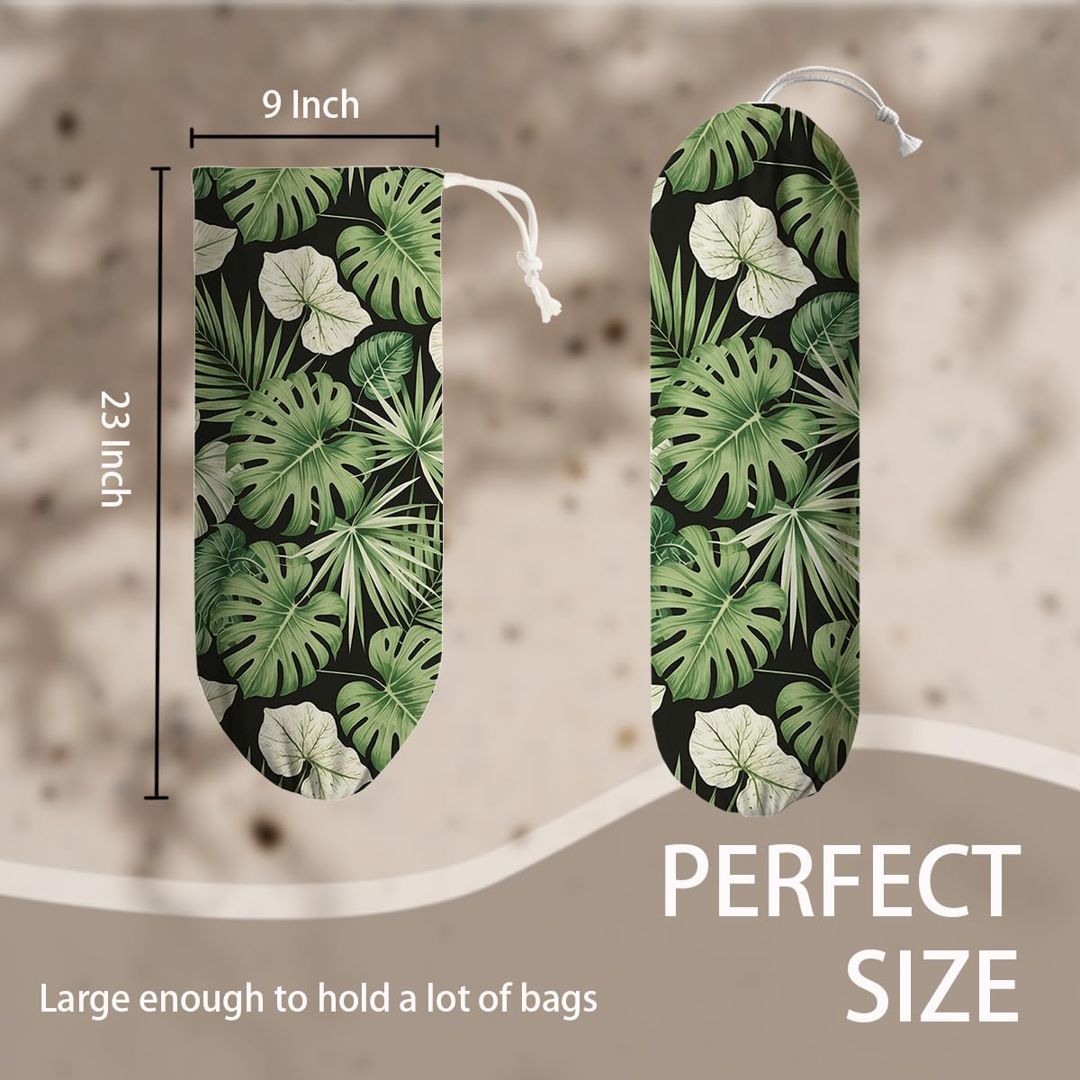 Green Leaves Plastic Bag Holder, Wall Mount Plastic Bags Organizer for Car Trash, Tropical Home Kitchen Decor, Reusable Grocery Bag Organizer, Kitchen Pattern Garbage Bags 52