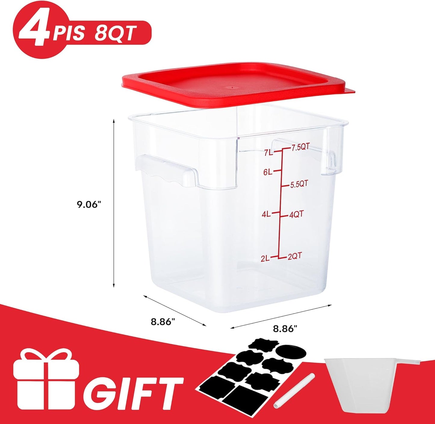4 Pack Food Storage Containers, 8 Quart with Lids, Square Commercial Containers with Scale, NSF, Polycarbonate, Clear