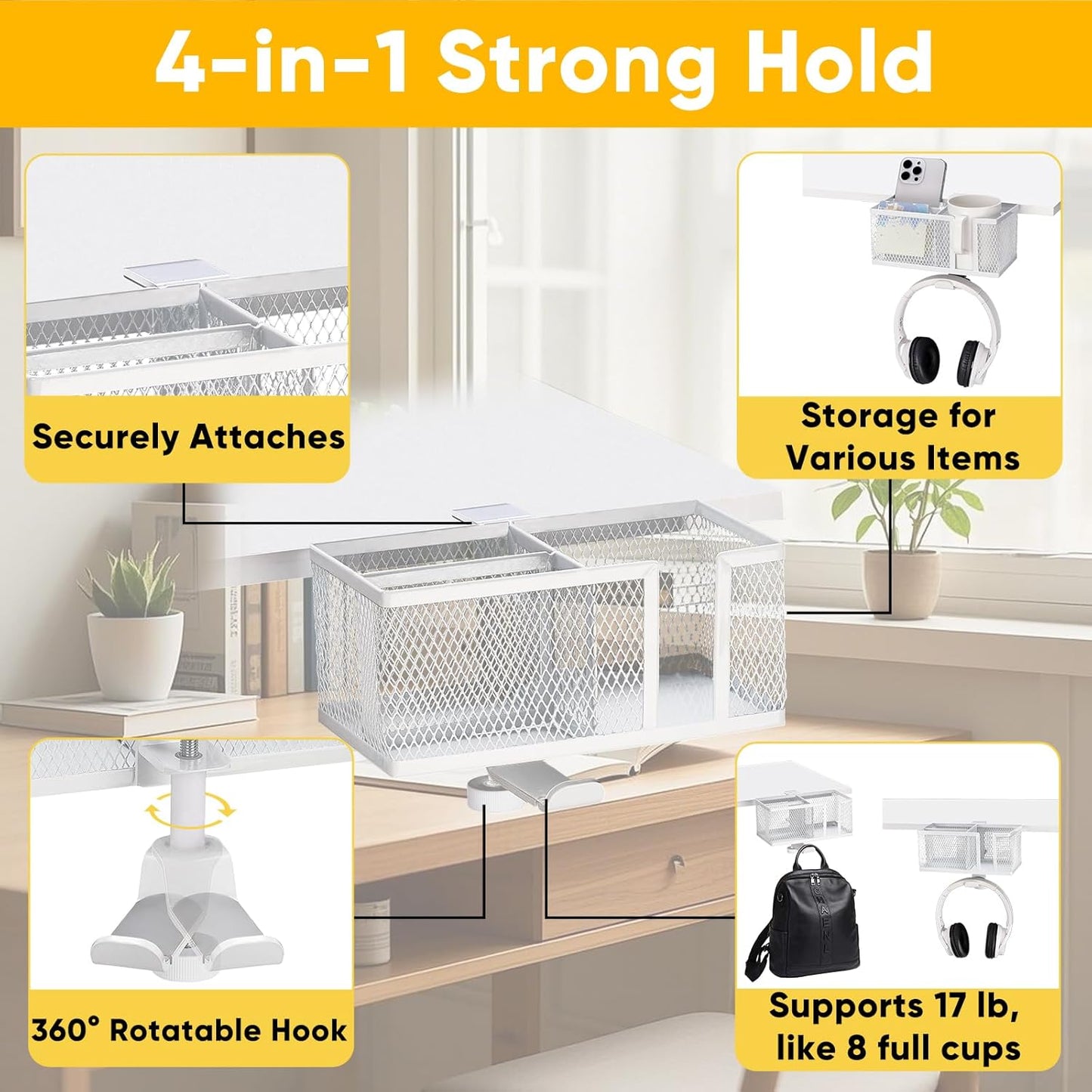 4 in 1 Metal Clip On Cup Holder Attachment for Gaming Desk or Table, Sturdy and Easy to Clamp, Attachable Anti-Spill Cup Holder for Salon Chair, Bedside, Water Bottles, Drinks, Headphones - White