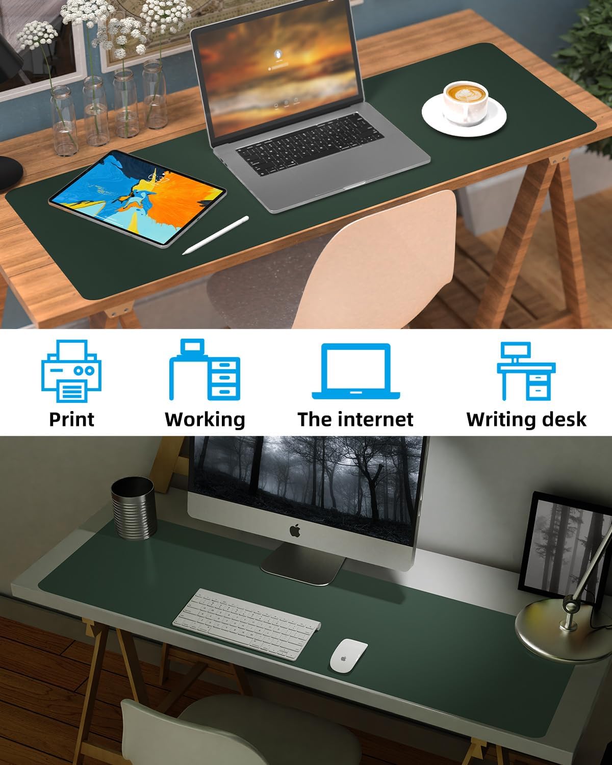 Extra Large Desk mat, Leather Desk Pad Protector,Office Desk Mat,Mouse Pad, Non-Slip Desk Blotter, Laptop Desk Pad, Waterproof Desk Writing Pad for Office&Home (Dark Green, 55" x 17")