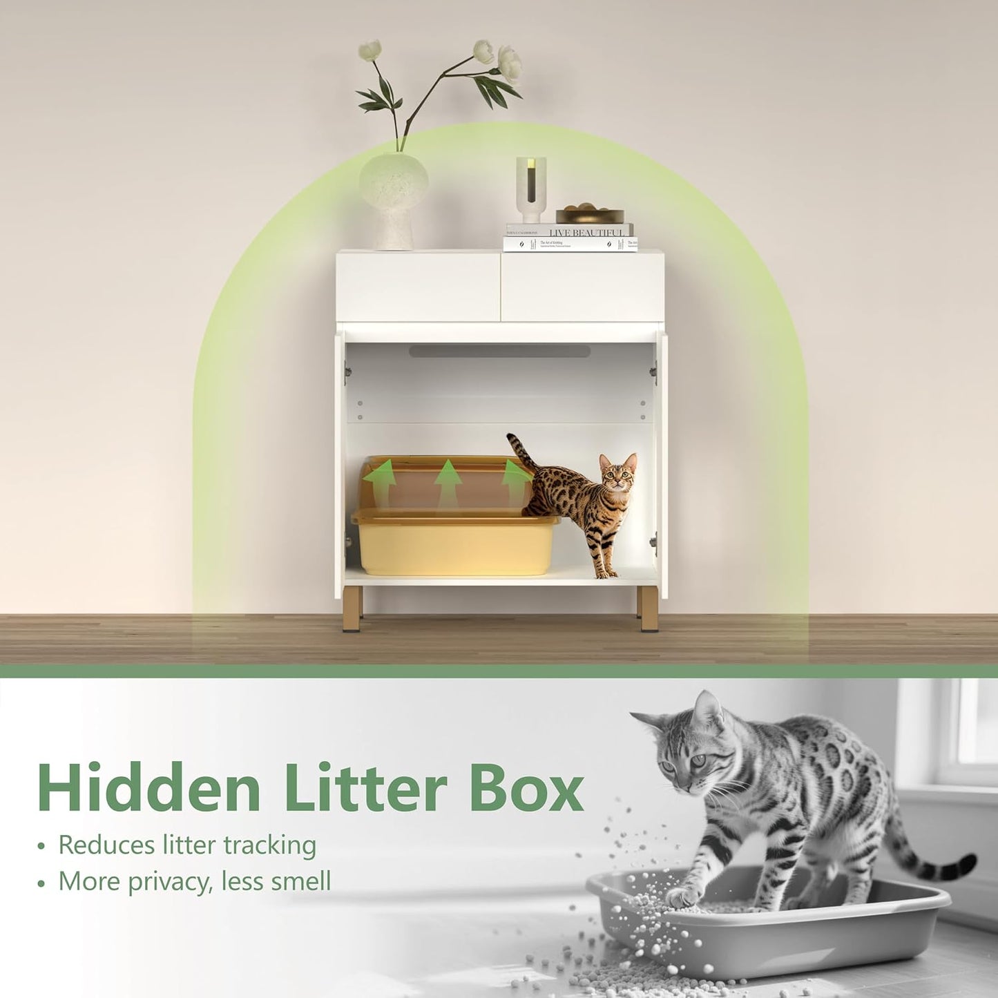 Large/Tall Litter Box Enclosure, Modern Wooden Litter Box Furniture for XL Litterbox with Drawer as Sideboard Cabinet (White)