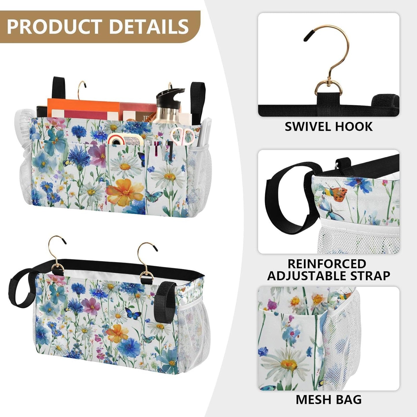 Watercolor Cornflower Daisy Bedside Caddy for Dorm Bed Bedside Hanging Caddy Bag Iron Frame Storage Organizer Pocket for Bunk Home College Hospital Beds 2 Hooks