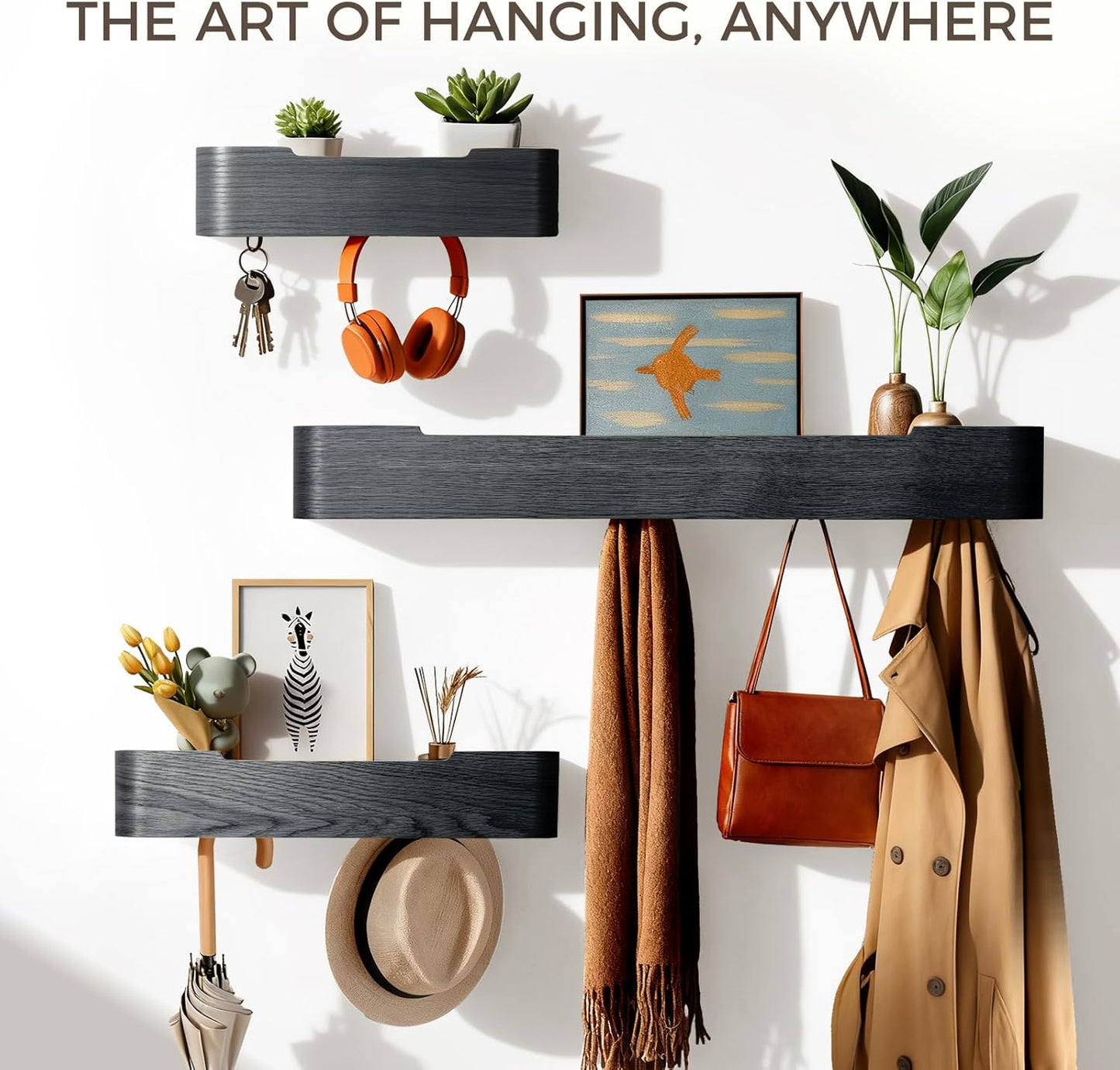 Wall Coat Rack Floating Shelves Modern Coat Rack Wall Mount with Storage Entryway Shelf Wooden Hanger 20 Inch 4 Hidden Metal Hooks for Living Room Bedroom (Black, 8 Hooks)