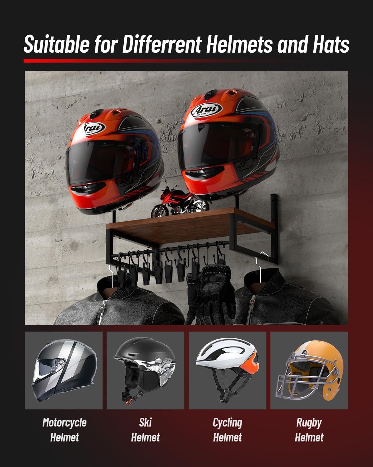 Vieshful Motorcycle Helmet Holder Wall Mount, Helmet Organizer Rack with 1 Layer Wooden Boards and 2 Hat Stands, Helmet Hanger for Motorcycle Accesories Storage with 4 Glove Chips and 5 hooks