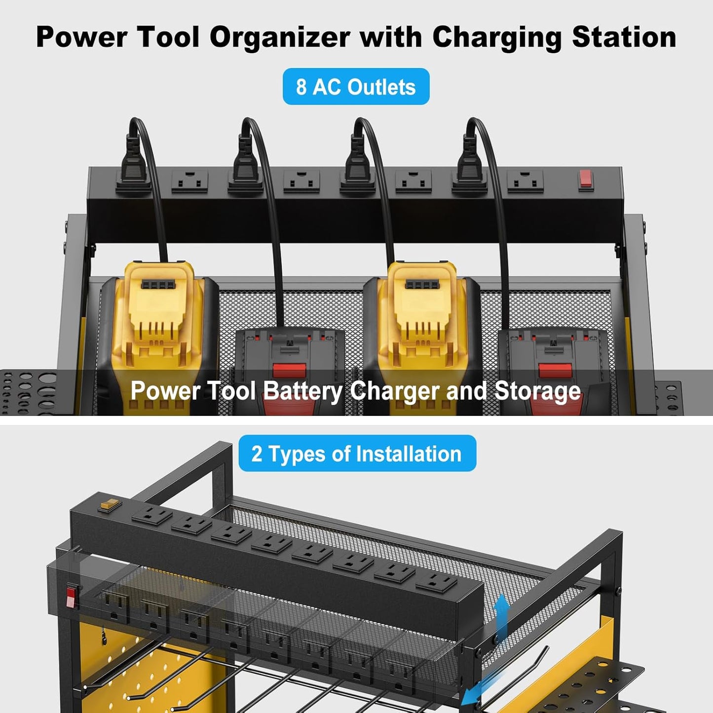 JUNNUJ Power Tool Organizer Floor Stand with Charging Station, Garage Adjustable Storage Rack Utility Tool Shelf with 8 Outlet Power Strip, Heavy Duty Drill and Battery Holder, Yellow