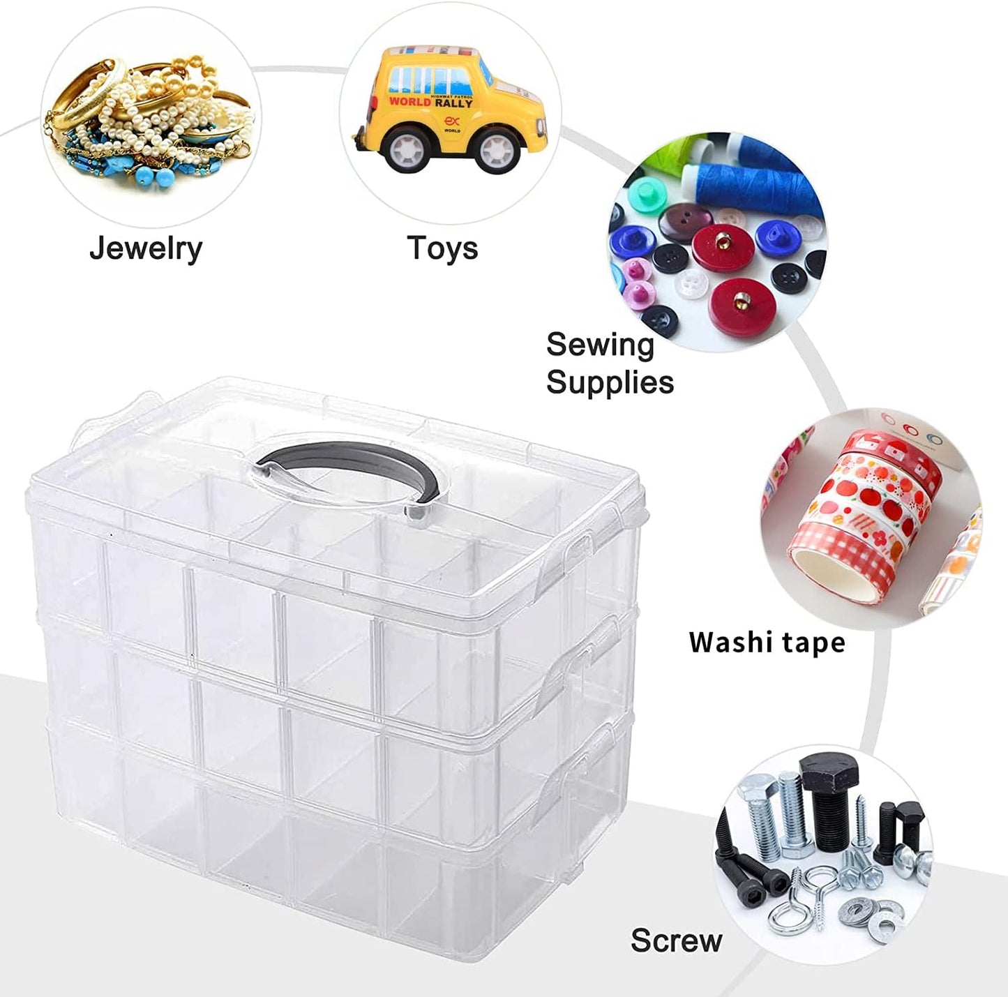 Guyuyii 3-Tier Stackable Bead Organizer with Adjustable Dividers - 30 Compartments Plastic Storage Box for Washi Tape, Lego Pieces, Rock Collection & Sewing Threads - Portable Craft Case with Handle