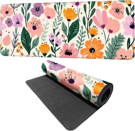 Floral Mouse Pad XXL – Large Extended Desk Mat with Cute Hand-Drawn Flowers,Non-Slip Mousepad for Office, School, Workstation, Gift for Women & Teens, 31.5 x 11.8 in