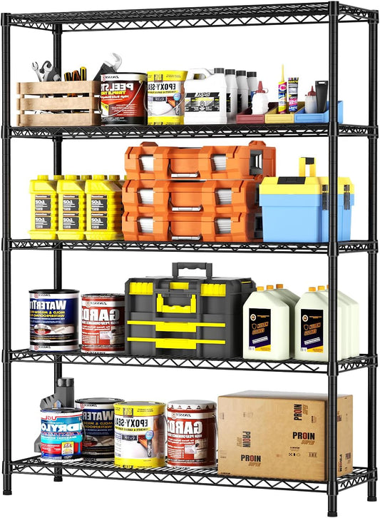 SINGAYE 5 Adjustable Heavy Duty Garage Shelving Wire Shelves Metal Standing Units Bathroom Organizers and Storage Shelf Closet Metal Pantry Kitchen 18" DX46 WX77 H Black