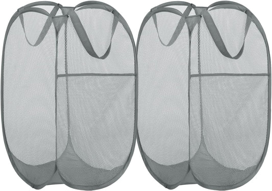 BATTOO Deluxe Strong Mesh Pop up Laundry Hamper Basket with Side Pocket for Laundry Room, Bathroom, Kids Room, College Dorm or Travel 2 Pack White