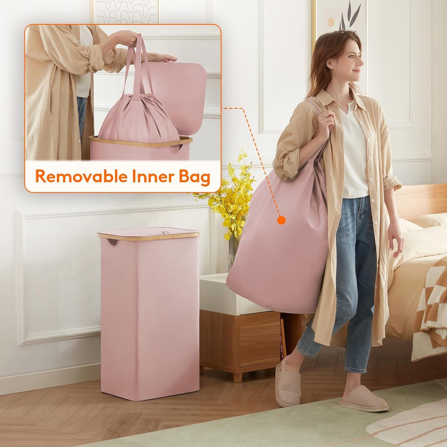 Lifewit 100L Laundry Basket with Lid, Clothes Hampers for Laundry with Bamboo Handles and A Removable Laundry Bag, Large Foldable Hamper for Bedroom, Bathroom, Dorm, Laundry Room, Pink