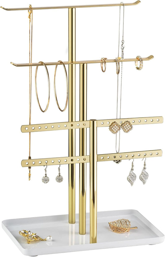 pickpiff Jewelry Stand Organizer Necklace Holder- 12.5" Sturdy Earring and Bracelet Hanger, Mirrored Gold, Aesthetic Room Decor