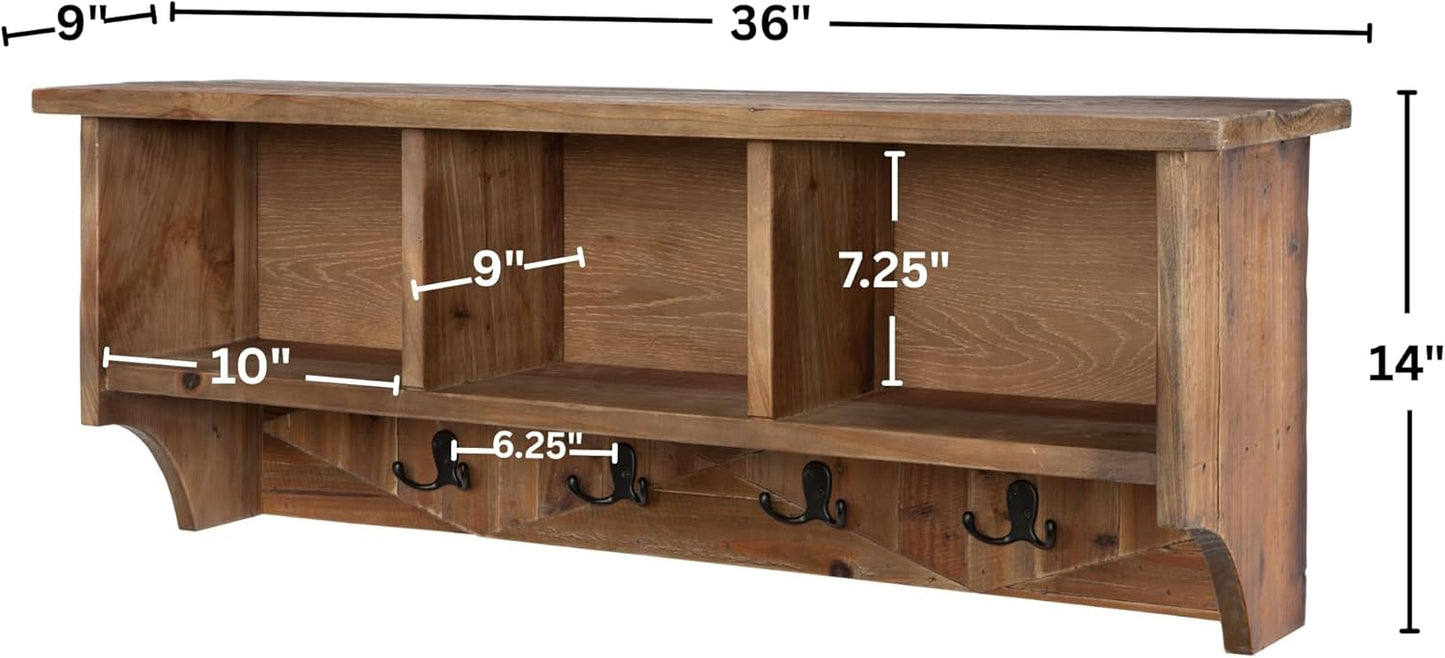 Revive Solid Wood Wall Mounted Coat Rack with 3 Cubbies and 4 Double Hooks – 36" Entryway Wall Shelf Organizer with Easy Installation for Hallway or Mudroom Storage by Alaterre Furniture (Natural)