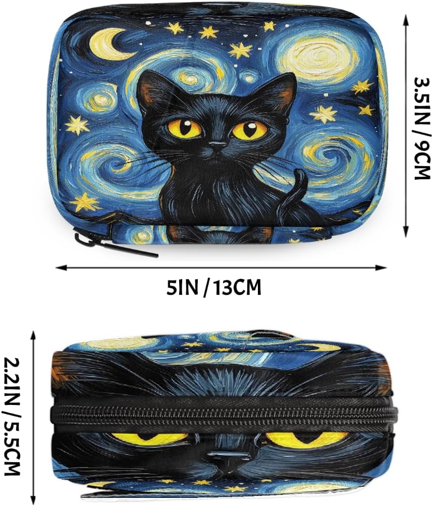 Black Cat Starry Night Pill Organizer Travel Medicine Case with Zipper Daily Vitamin Storage Bag Portable 8 Slot Weekly Pill Box Supplement Holder for Home Office Gym Travel