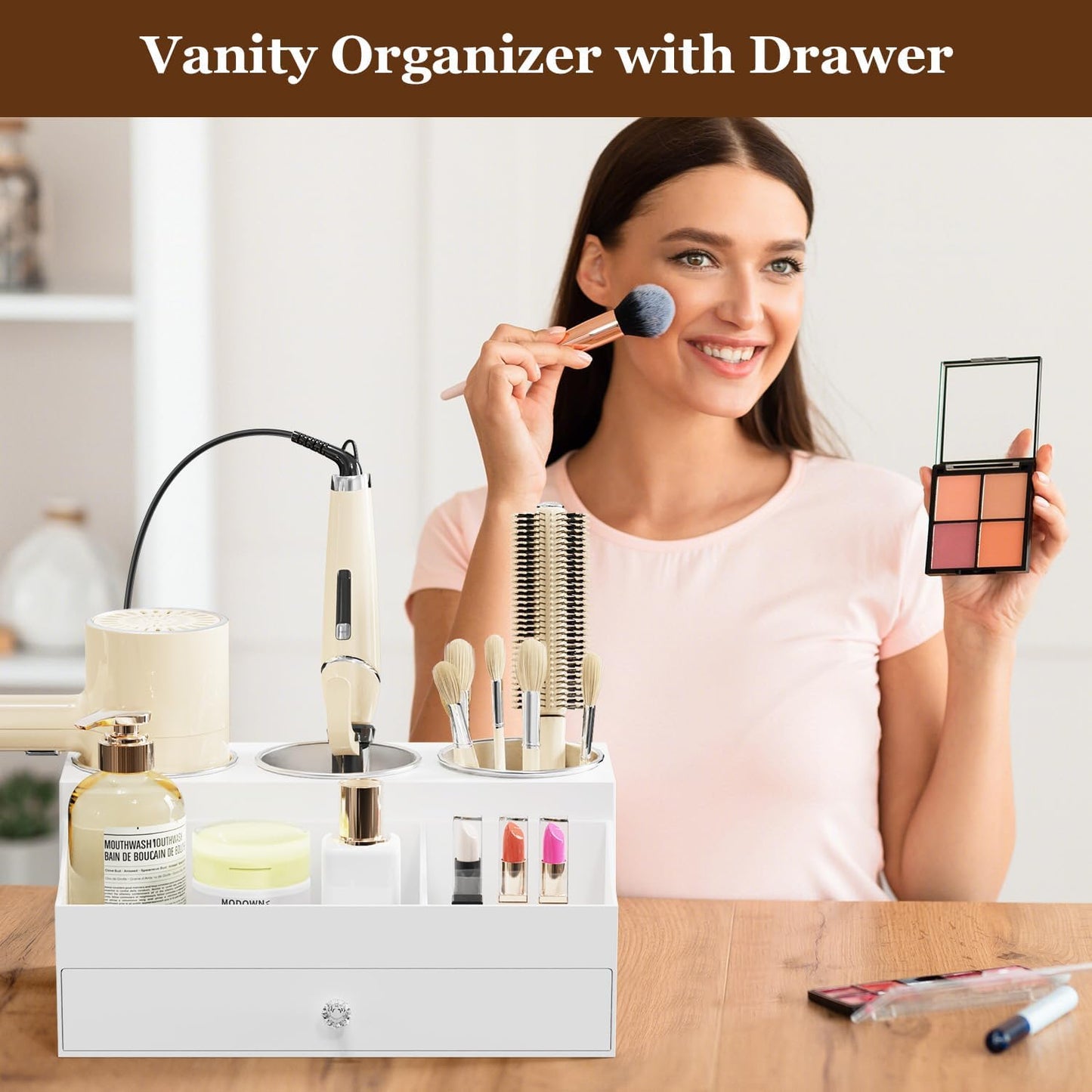 Acrylic Hair Dryer Holder with Drawer, Bathroom Organizer Countertop Drawers with 3 Stainless Cups, Makeup Vanity Accessories, Hair Hot Tools Organizer, Toiletry, White