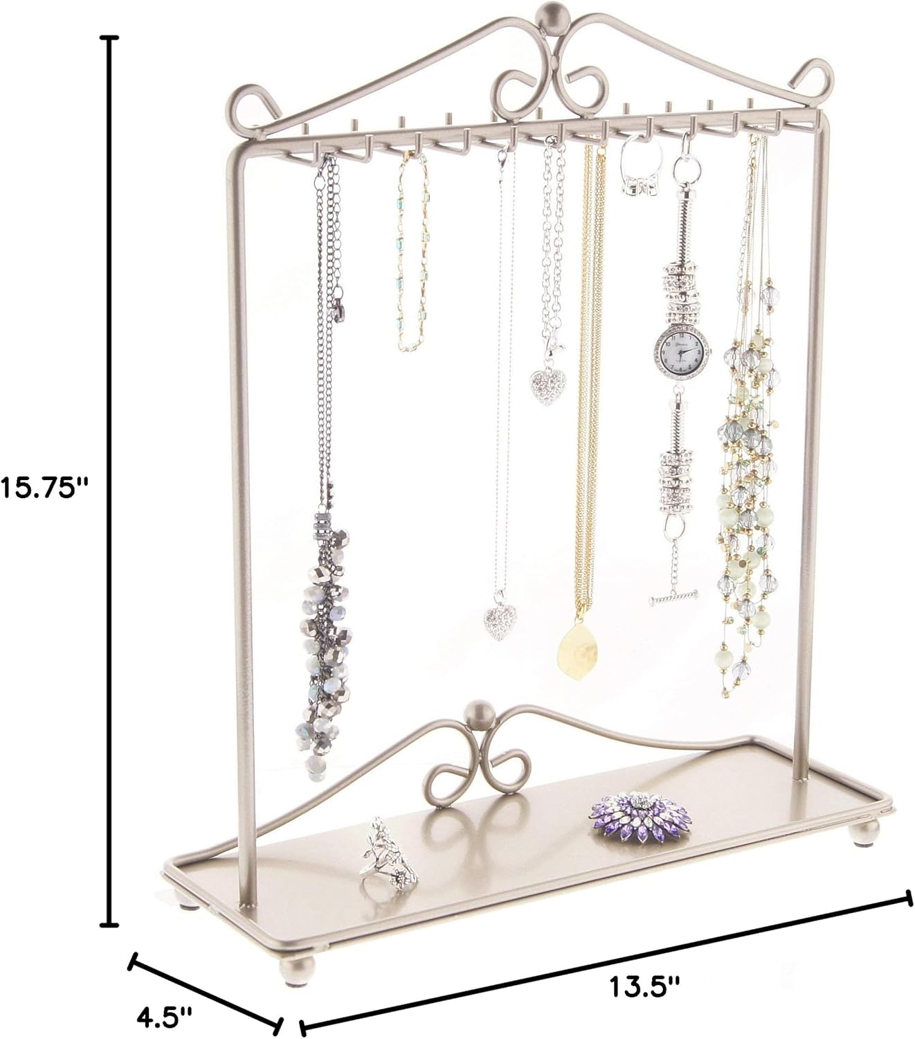 Angelynn's Sturdy Long Necklace Holder Organizer Tall Tabletop Pendant Display Stand, Freestanding Large Capacity Jewelry Tree, Calla Satin Nickel Silver 13 1/2" Wide x 15 3/4" Tall