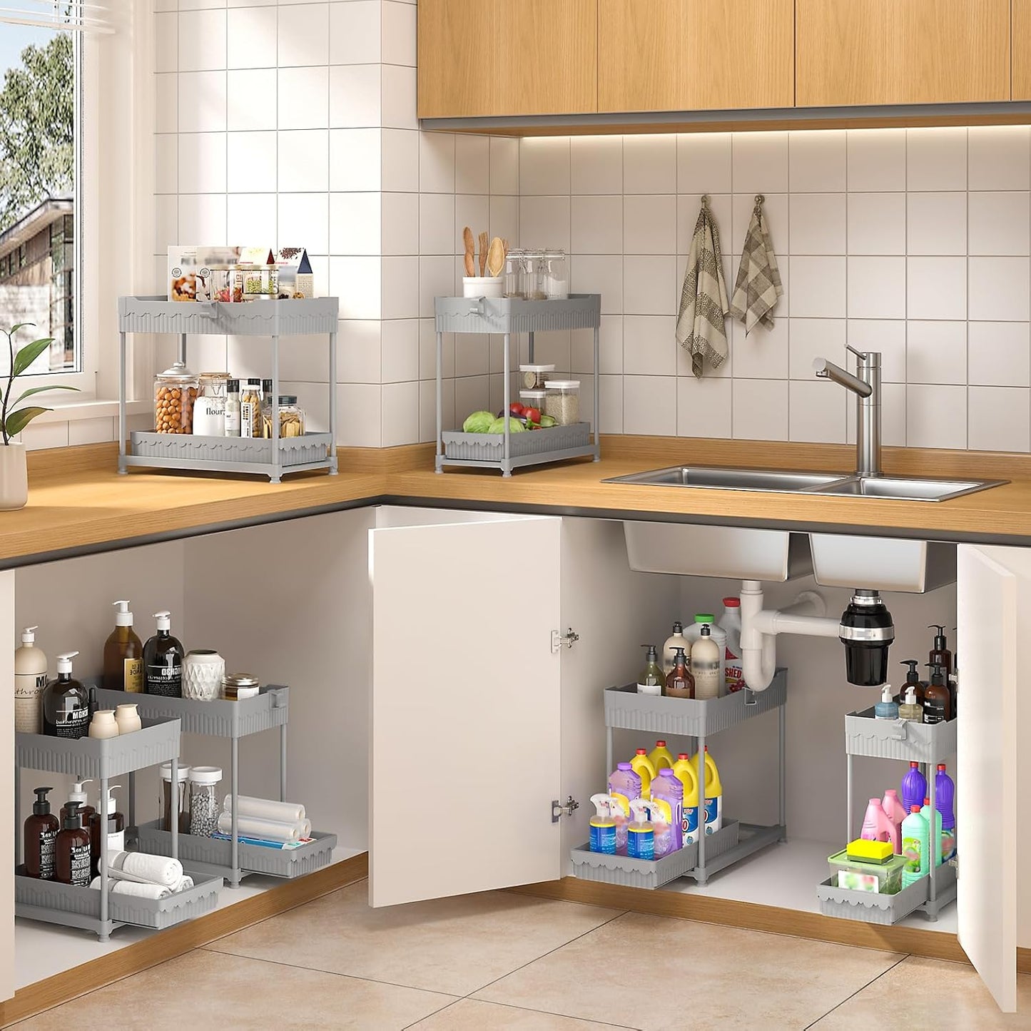 3 Pack Under Sink Organizers, 2-Tier Multi-Use Kitchen and Bathroom Organizers and Storage with Sliding Drawers，Bathroom Cabinet Organizer (Gray, 12.8 Inch)