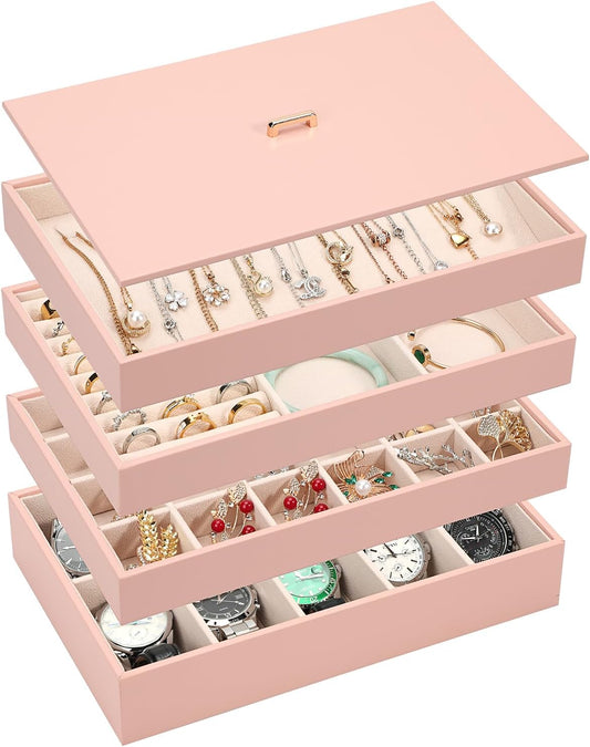 Voova Stackable Jewelry Organizer Tray with Lid, PU Leather Jewelry Storage Holder for Drawer Inserts, Jewellery Display Box Case for Earring Necklace Ring Watch Bracelet (Set of 4, Pink)
