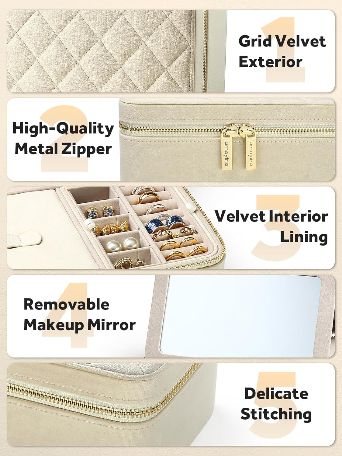 Velvet Travel Jewelry Box with Large Mirror, Double-Layer Jewelry Organizer Case for Women and Girls, Portable Storage Case with 6 Anti-Tarnish Bags Gift Ready for Her (Beige)