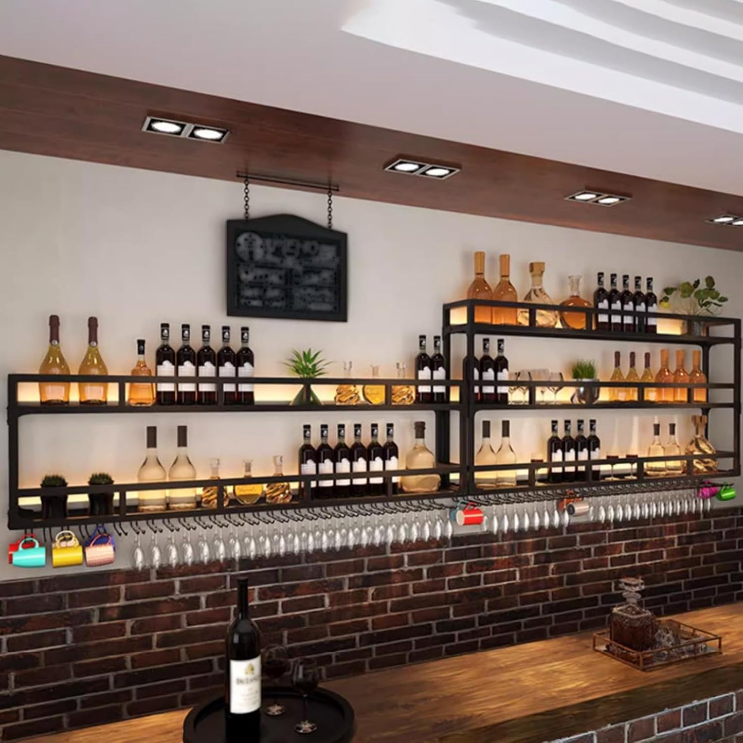 Wall Mounted Wine Rack, Wine Rack Wall Mounted with Wine Glass Rack, Metal Bar Bottle Display Shelf Wine Cups Hanging Holder, for Home Bar Cafe Dining Room Decoration (BLACK, 59*10*35.5IN)
