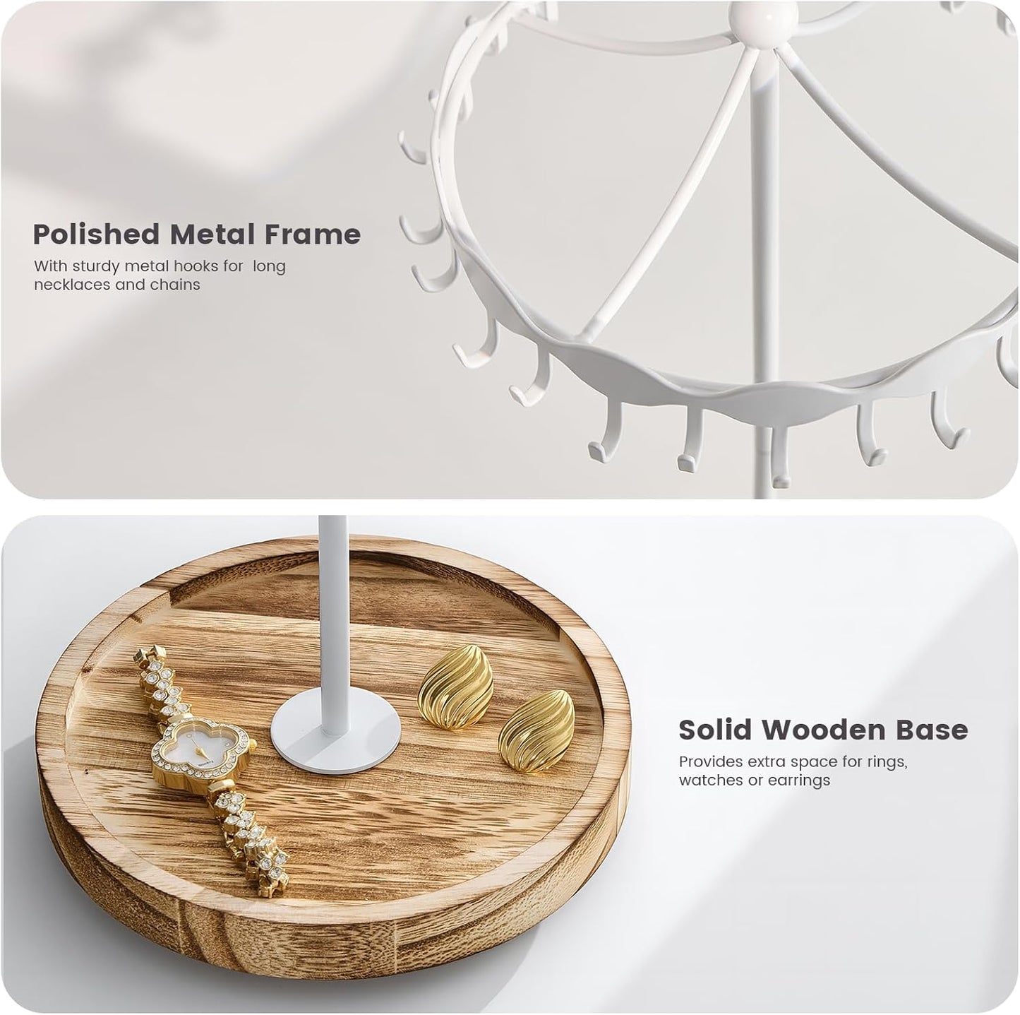 Lolalet Rotating Necklace Holder Stand with Metal Hooks, Spinning Display Carousels, Freestanding Organizer Hanger, for Long Necklaces Chains -White