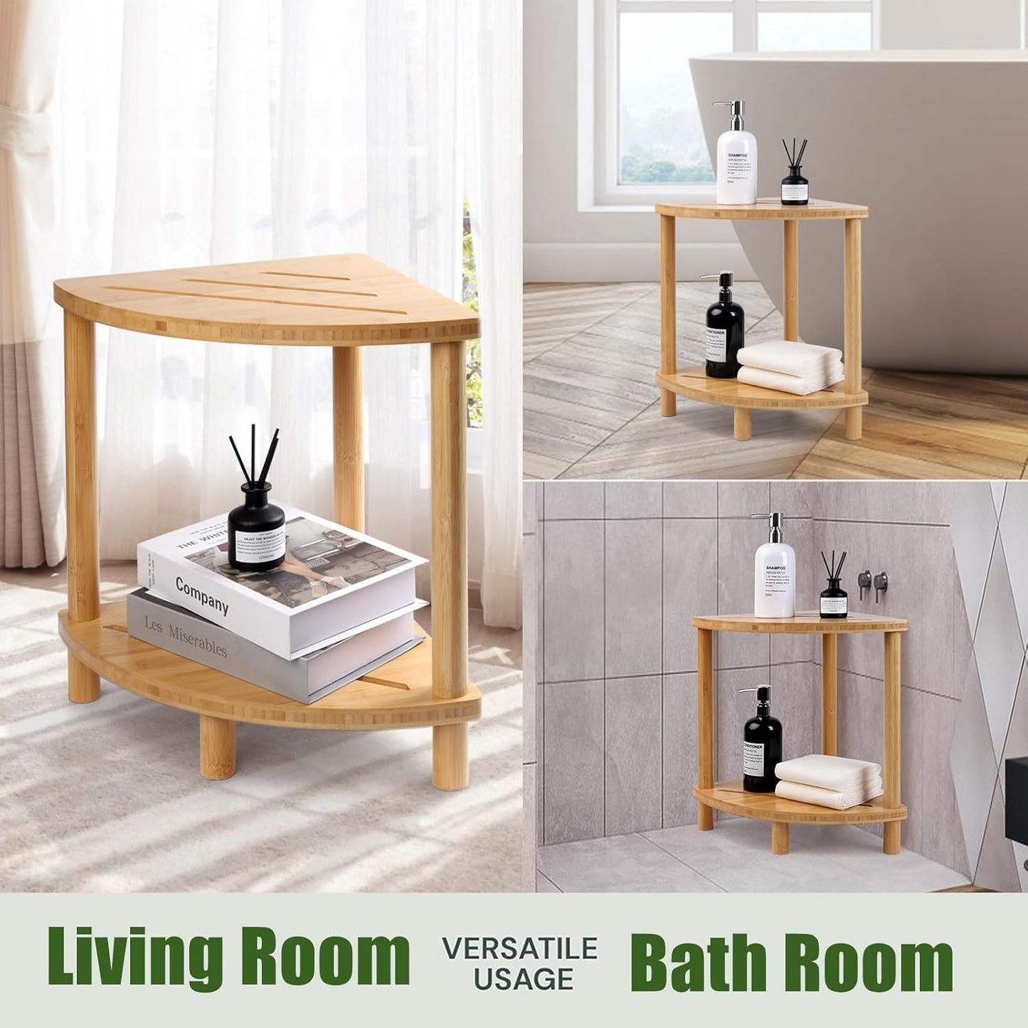 Upgraded Bamboo Corner Shower Stool for Inside Shower Waterproof,2-Tier Shower Foot Rest with Storage Shelf,Corner Shower Shelf Bench Caddy Shaving Leg,Bath Seat,Gifts for Women Mom