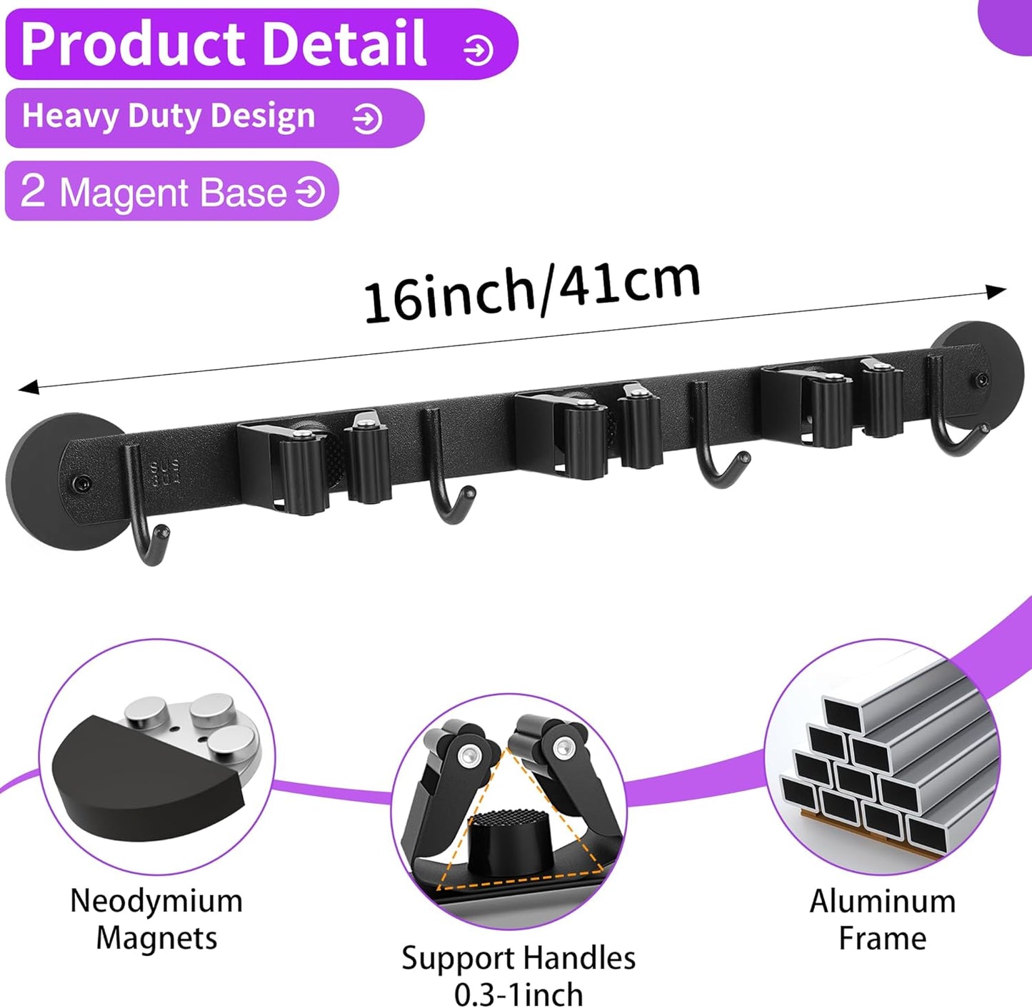 Magnetic Broom Holder Wall Mount - Heavy Duty Non-Slip Mop Hanger with 4 Hooks And 5 Rack, No Drill Tool Organizer for Refrigerator,Garage,Laundry Room (Black, 3Racks 4Hooks)