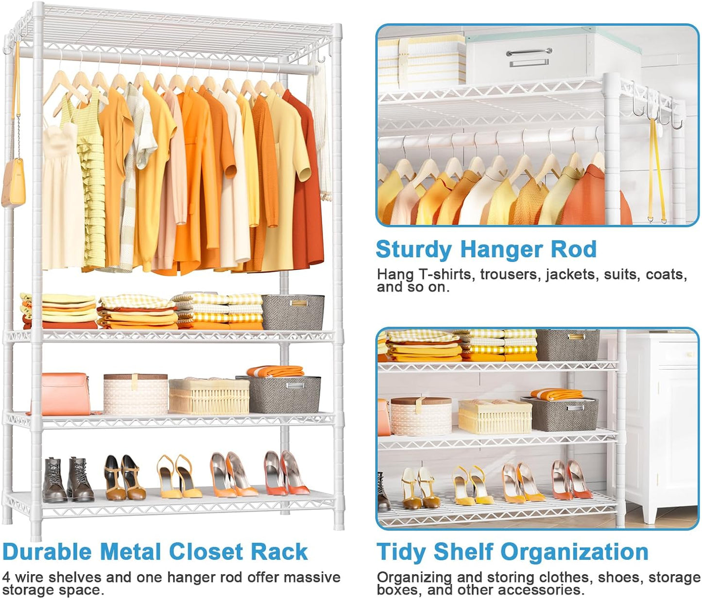 Ulif H4 Plus Garment Rack, 4-Tier Portable Clothes and Clothing Rack for Bedroom and Cloakroom, Closet Storage and Organizer Wardrobe System, 45" W x 14" D x 76.4" H, Load 522lbs, White