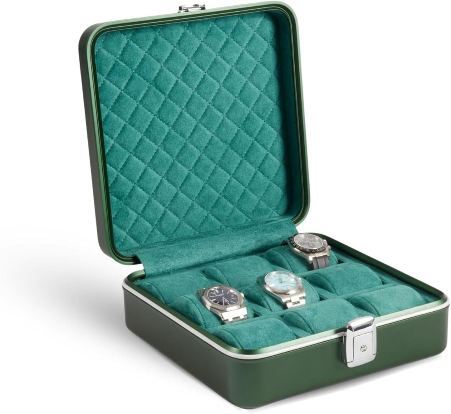 Bey-Berk Prague Aluminum Watch Case in Hunter Green – 9-Slot Locking Travel Box with Soft Interior for Watch Storage