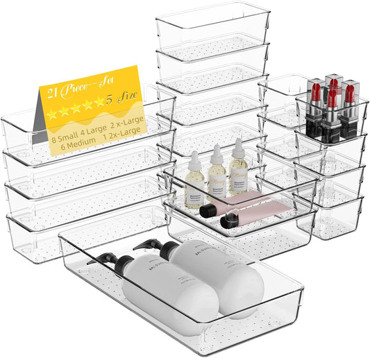 21 PCS Clear Plastic Drawer Organizer Set, 5 Sizes Acrylic Drawer Storage Trays Non Slip Storage Bins for Makeup, Jewelry, Gadgets for Kitchen, Bedroom, Bathroom, Office