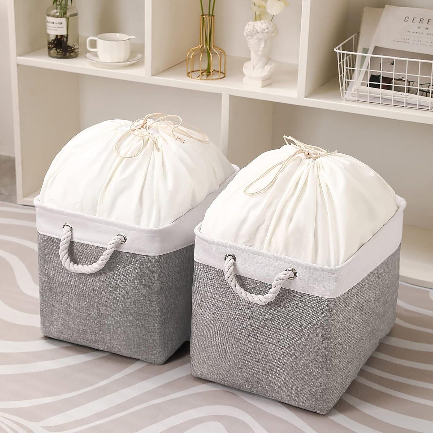 combocube 16 x 12 x 12 Inch Fabric Storage Bins for Shelves, Linen Storage Organizer Storage Basket with Ropes for Laundry, Home, Closet, Office, Clothes, Toys Organizer