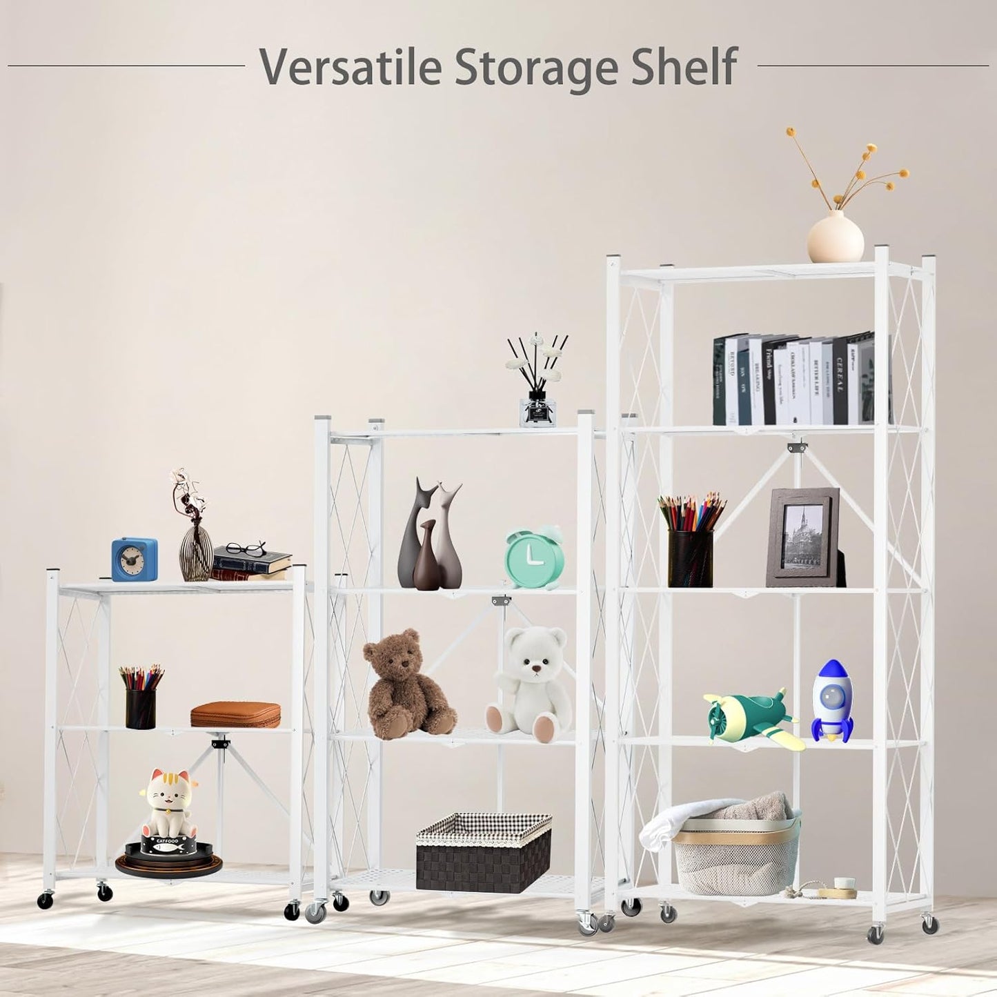 3 Tier Foldable Storage Shelf with Wheels, Heavy Duty Garage Shelving Unit Loads 550 LBS, Metal Steel Collapsible Shelves, Rolling Standing Utility Rack for Kitchen, Pantry, Office, White