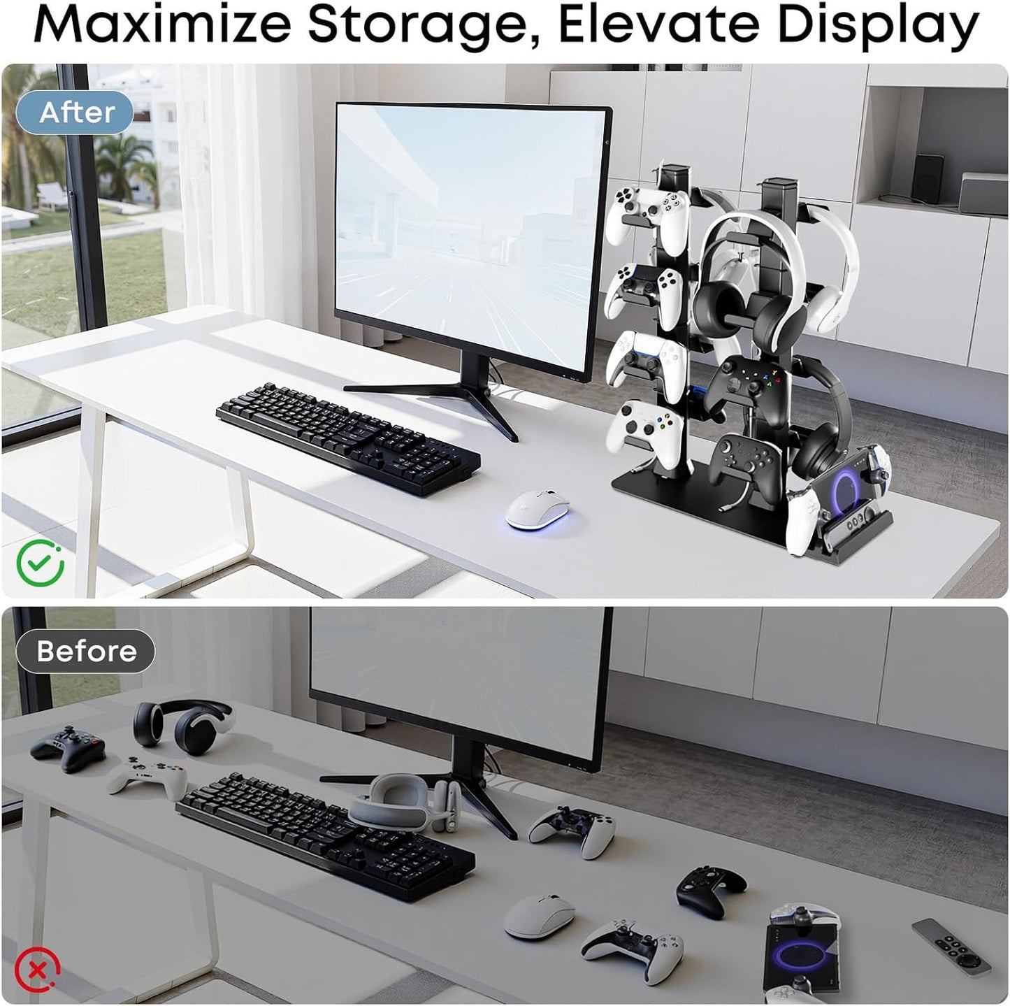 Headphone and Game Controller Desk Stand for PS5/ Xbox/ PS4 Controller, 4 Tiers Headset Hanger with Organizer for Switch 2/1/PS Portal Game Console, Multiple Controller Storage Dispay Rack-16 Hooks