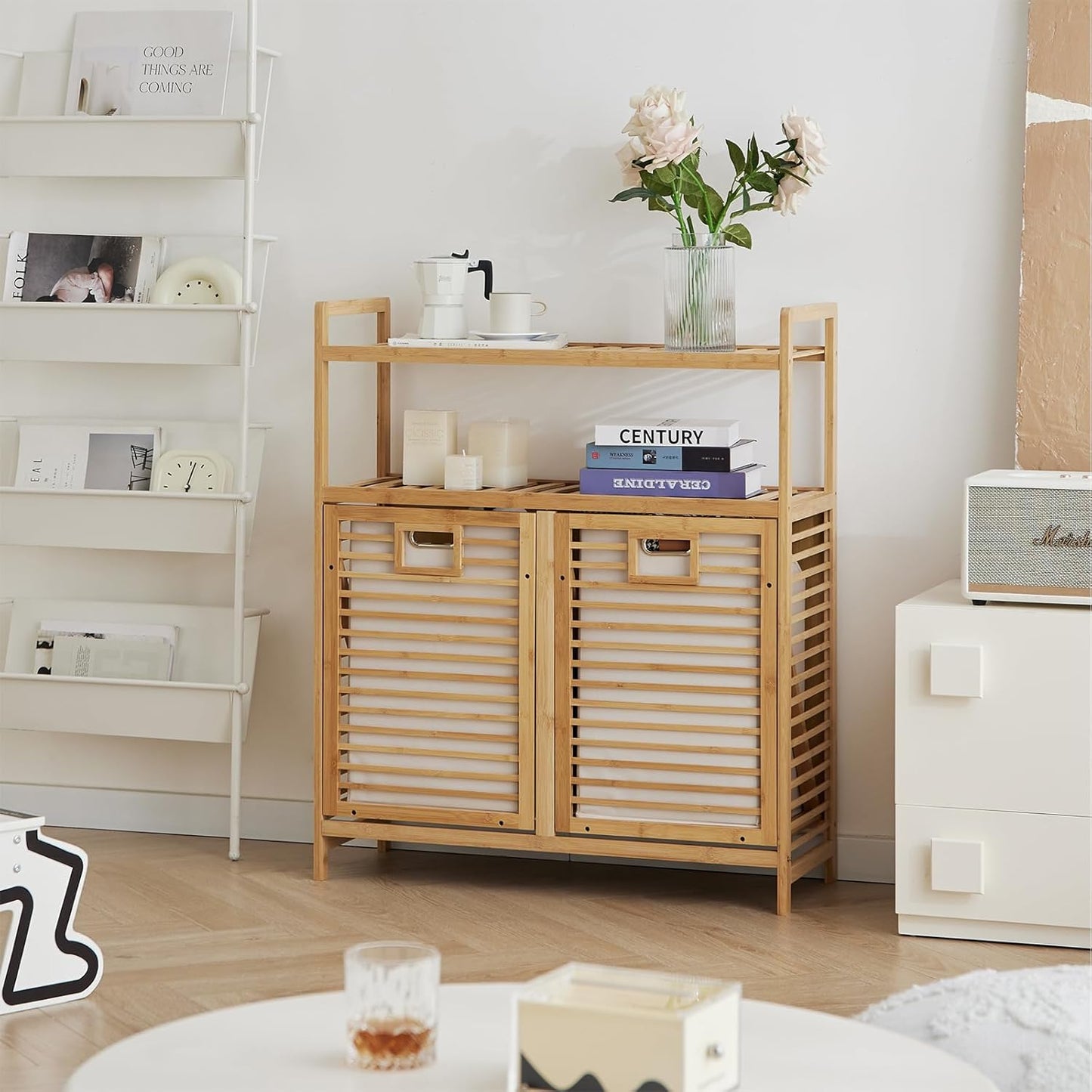 Double Tilt Out Laundry Hamper, Bamboo Hamper with 2 Removable Bags, Pull Out Laundry Hamper Cabinet, Bathroom Storage Shelf for Laundry Room, Living Room, Bedroom (2-Tier, Natural)