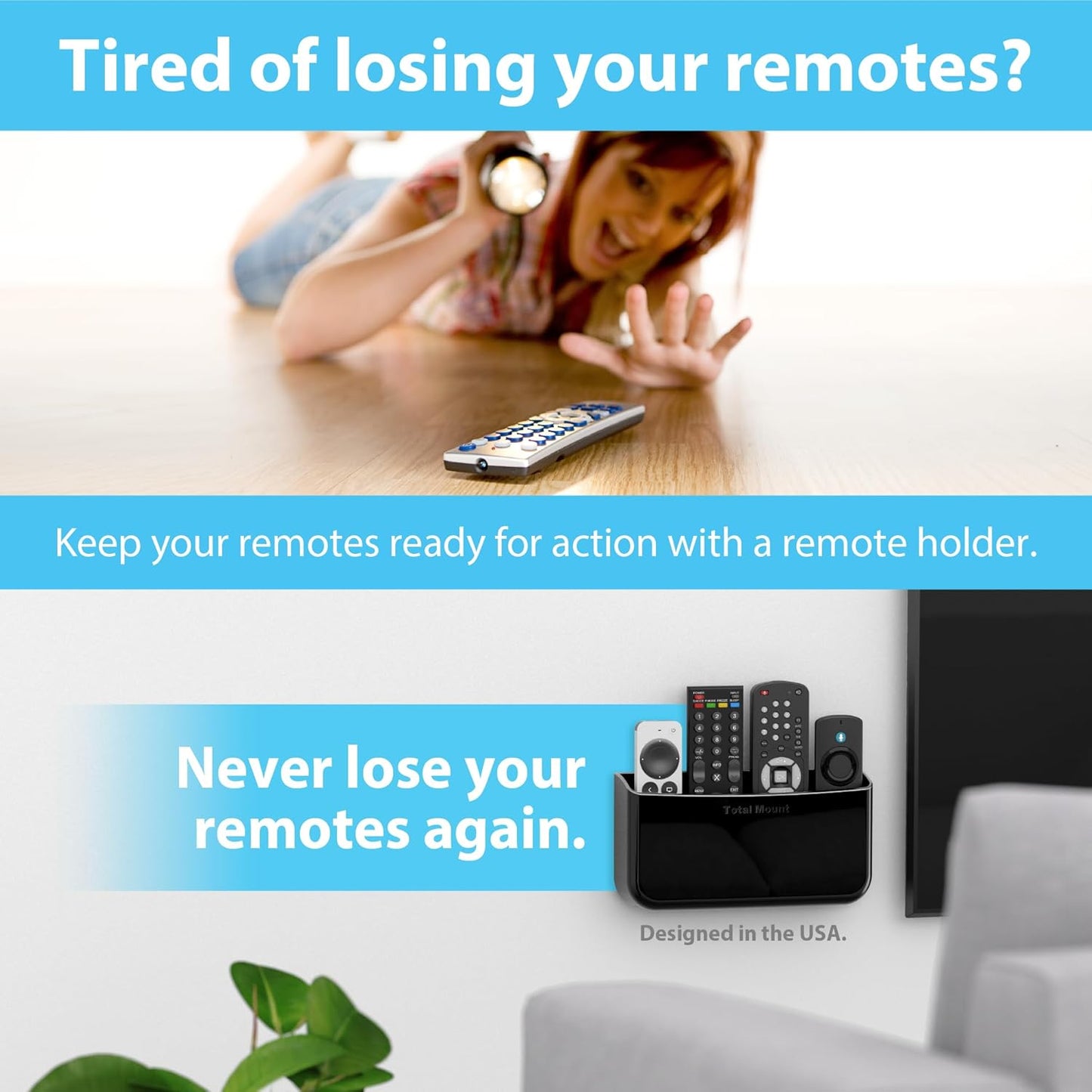 TotalMount Hole-Free Remote Holder – Eliminates Need to Drill Holes in Your Wall (Premium Black Holder for 3 or 4 Remotes)