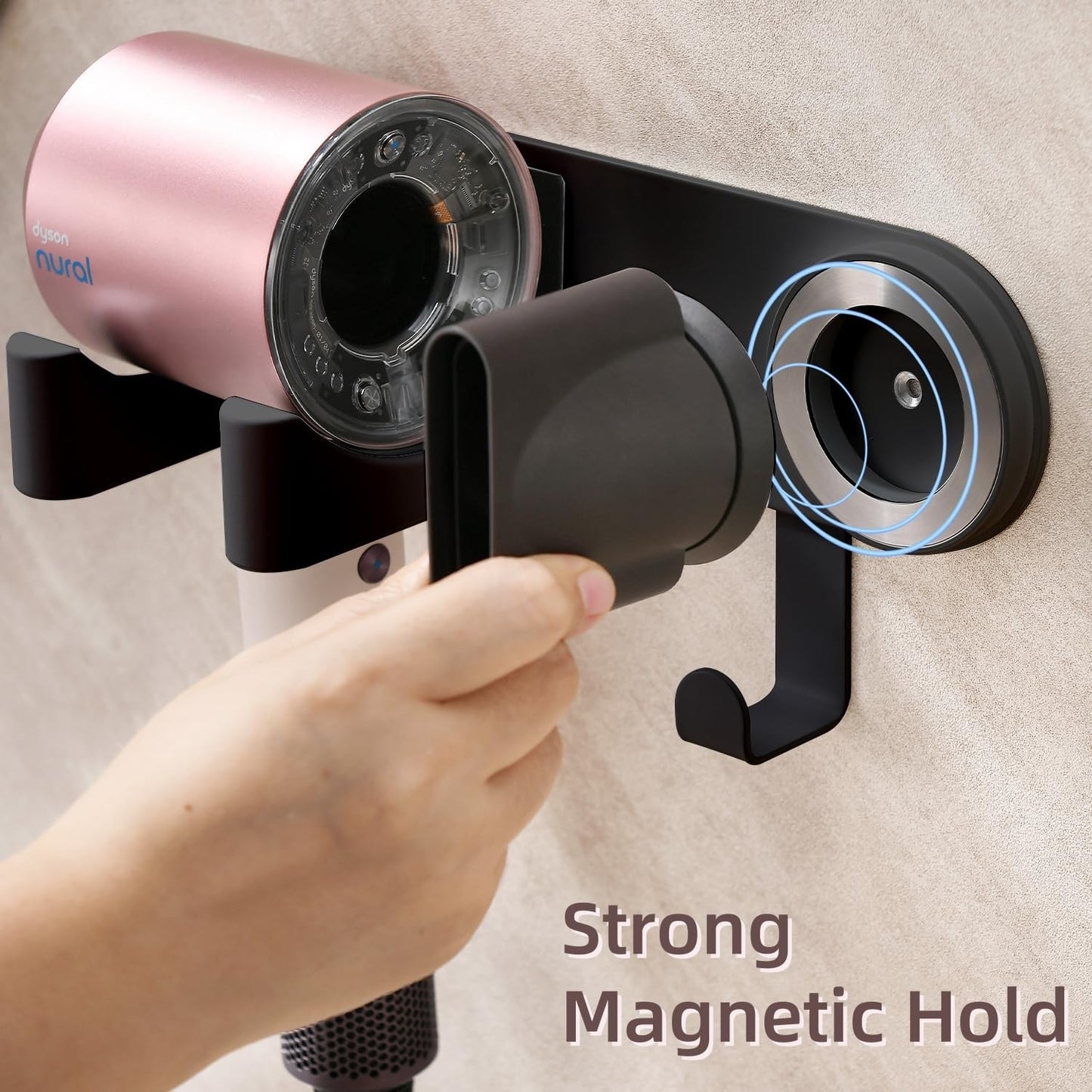 Hair Dryer Holder Wall Mounted, Blow Dryer Holder with Strong Magnet, Dyson Hair Dryer Holder Adhesive Aluminum Alloy Organizer for Bathroom Black UEMUSI